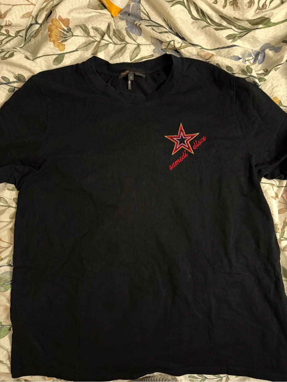Maje Black Short-Sleeve Tee with Red Star Patch